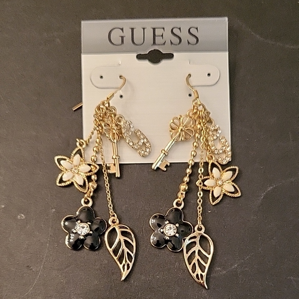 NEW Guess Gold & Black Floral Drop Earrings, Crystals, Key & Leaf Charms, 3"